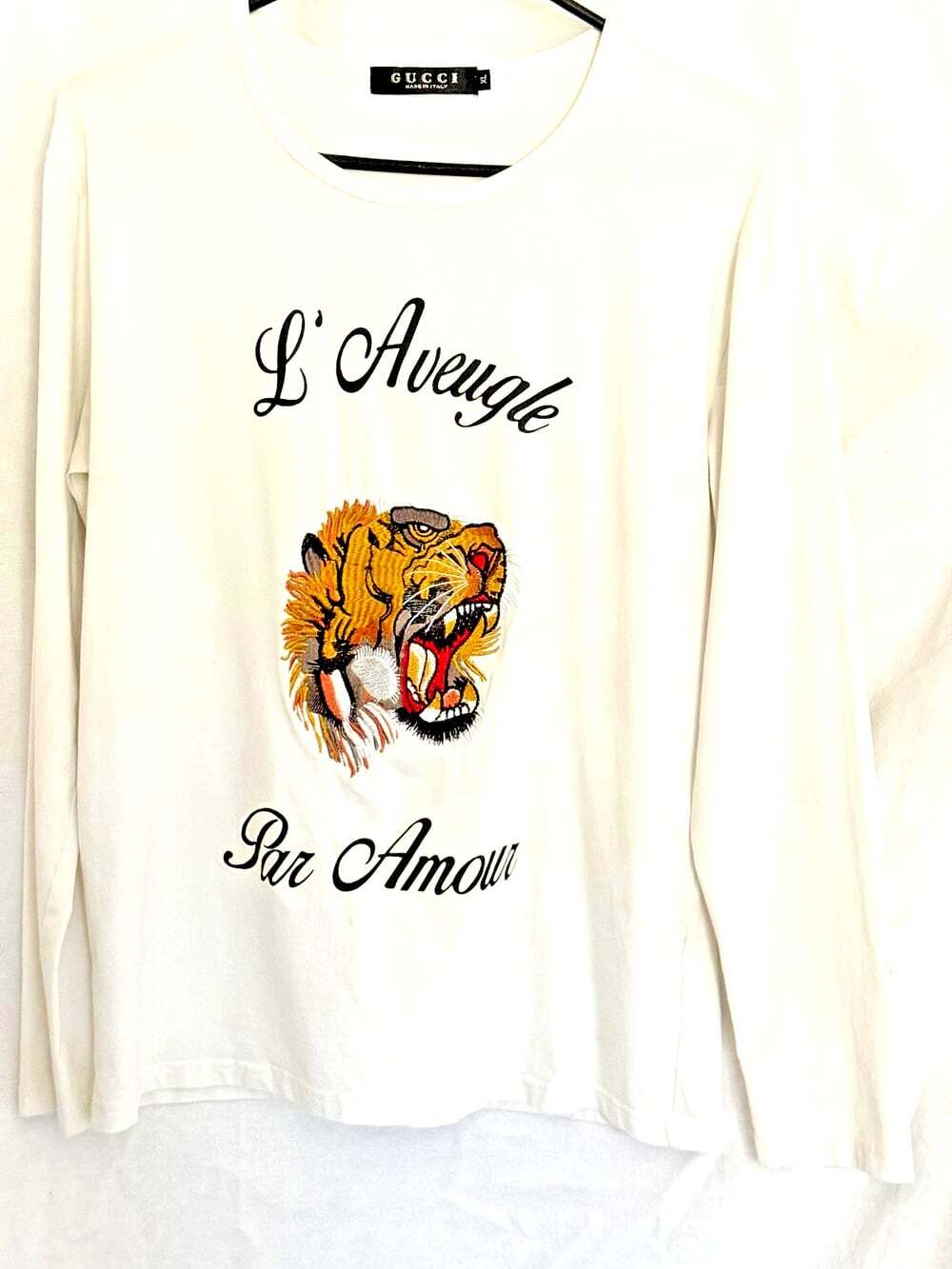 Gucci Cotton Lg/Sleeve Tee w/ L'Aveugle Par Amour script & Embroidered Tiger, XL